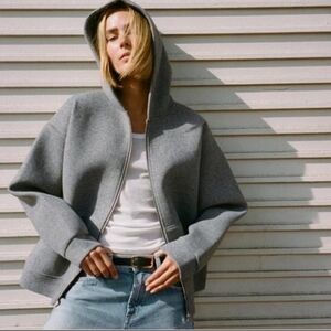 New Zara Soft Neoprene Effect Zip Front Hoodie Bomber Jacket NWT Small